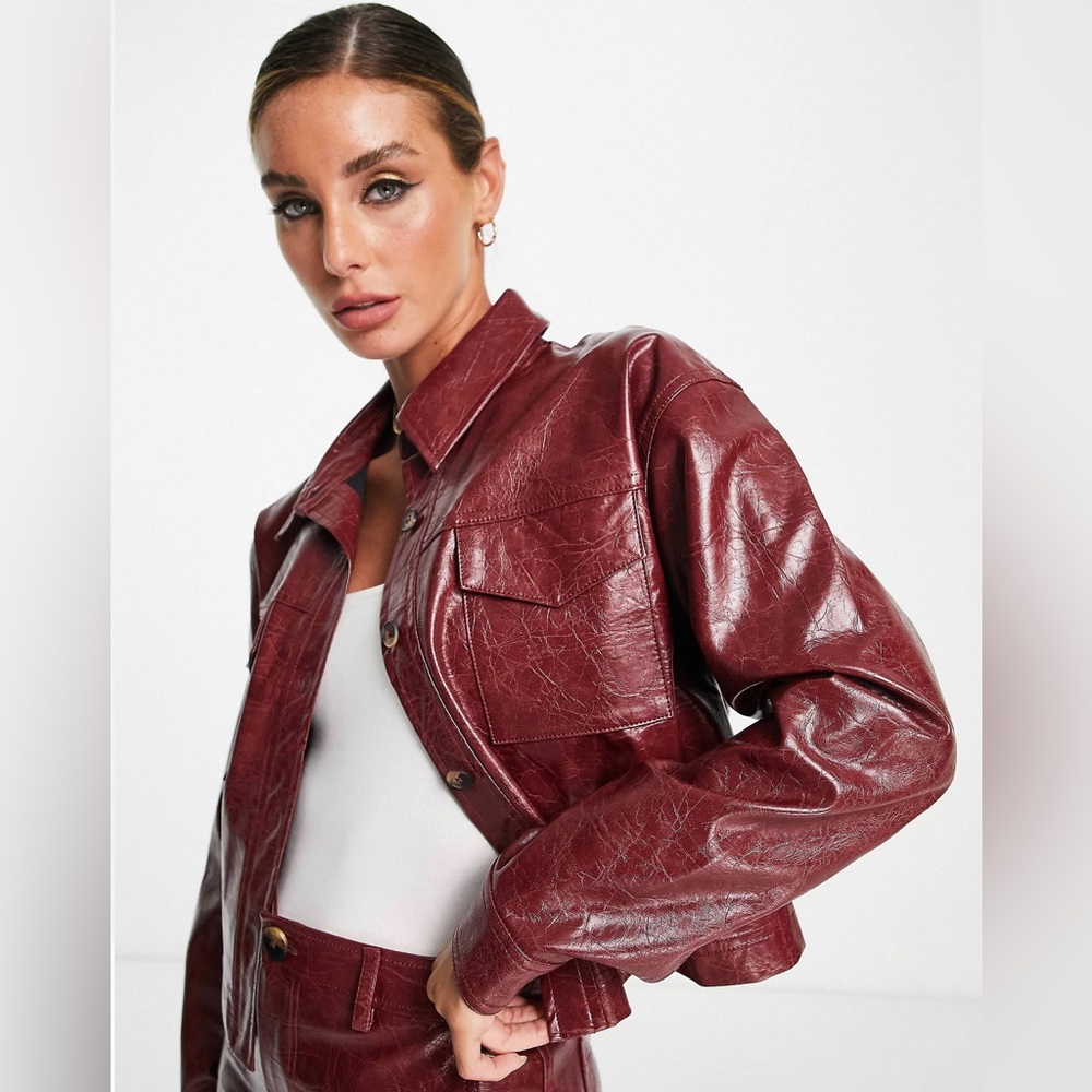 ASOS DESIGN crackle faux leather shirt in red - part of a set